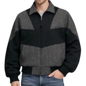 Vtg CRIPPLE CREEK Bomber Jacket Mens L Black Grey Herringbone Horse Hair Tassel